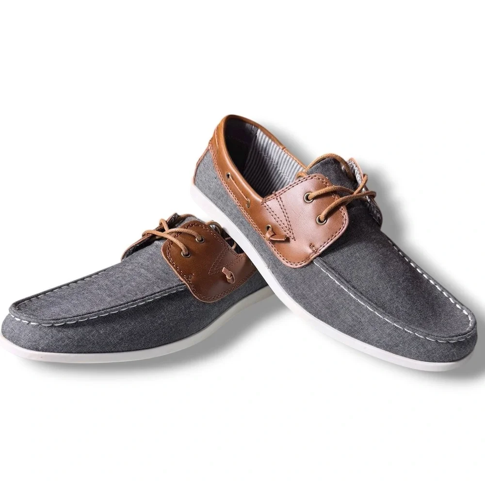 Globalwin Mens Sz 8.5 US Denim Boat Shoes Brown Leather Accents Lace Up Casual